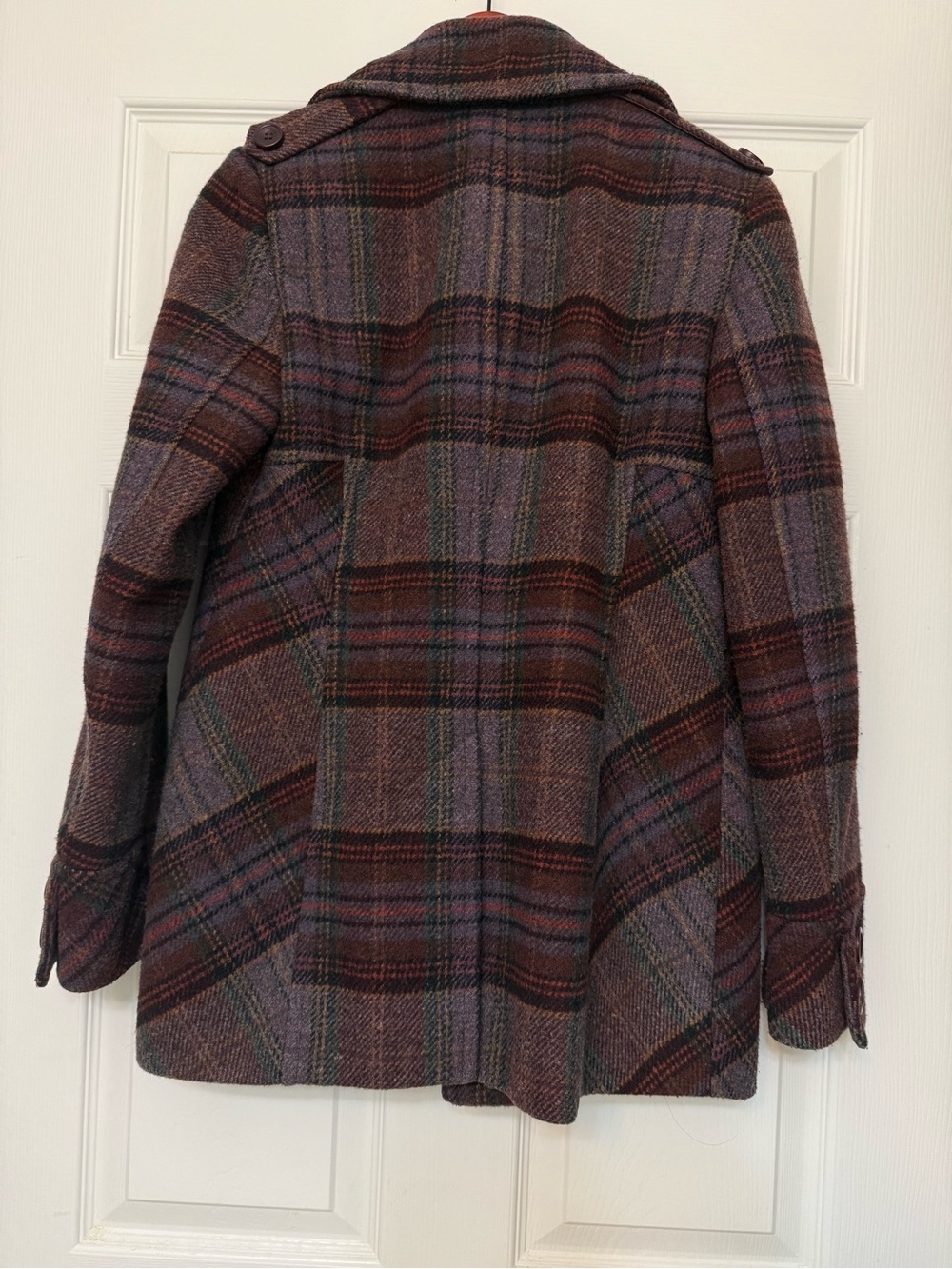 Moda International Wool Plaid Double-Breasted Peacoat in Plum/Brown - Picture 2 of 9